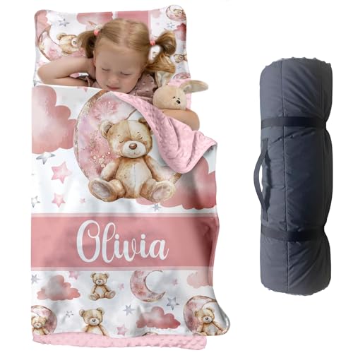 Custom Toddler Nap Mat for Preschool, Personalized Name Pink Kids Sleeping Bag with Bear for Daycare, Roll Up Sleeping Mat with Removable Pillow and Soft Dot Minky Blanke for Girls Camping