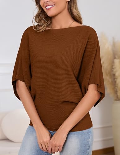 Image of MAKARTHY Womens Batwing Sleeves Knitted Dolman Pullovers Boat Neck Tops Sweatershirts