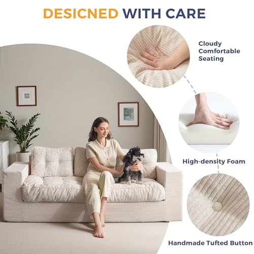 Image of MAXYOYO Loveseat Sofa Couch, Upholstered Bean Bag Chair Cloud Seat for Adults, Boneless Couch with Cushion & Pillows, Sofa in A Box, No Assembly Required, Corded Beige, 3-Seat