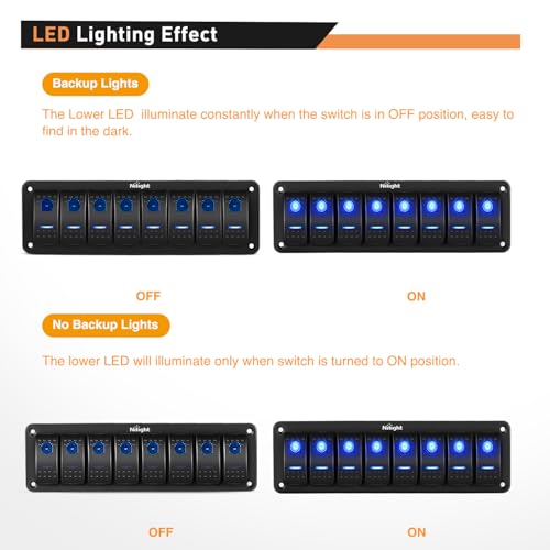 Image of Nilight 8 Gang Rocker Switch Panel SPST On Off Toggle with DIY Label Sticker | 5PIN Electrical 12V /20A 24V /10A Aluminum Plate with Pre-Wired Jumper Wires for LED Light Bar RV Boats 4X4 Cars Blue