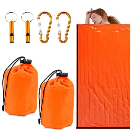 LPAMABA 2 Saco de Dormir Supervivencia Saco Vivac Emergencia Saco Térmico Emergencia Manta Termica Supervivencia para Montaña con 2 Silbato Emergencia+ 2 Mosquetones de Seguridad + 2 Bolsas- Naranja