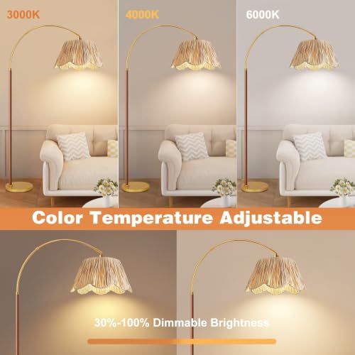 Image of Vintage Arc Floor Lamps for Living Room Farmhouse Wood Floor Lamp with Remote Control,Dimmable Rattan Floor Lamp Boho Standing Lamp with 3 Color Temperature Wicker Tall Floor Lamp for Bedroom Corner