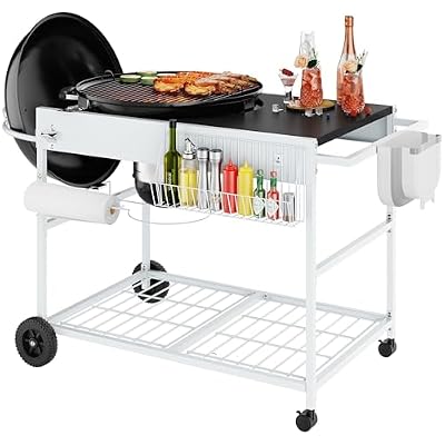 Shintenchi Grill Table for Weber 22" & 18" Original Kettle, Outdor Grill Cart with Wheels, Movable Outdoor Prep Table Cooking Station for JumboJoe Master-Touch Charcoal Grill