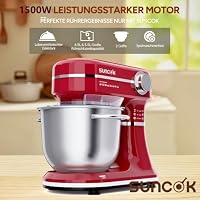 SUNCOK Küchenmaschine 1500W, Display, 12 Stufen, 2x Edelstahlschüsseln 4,5/5,5L, Heizfunktion, Waage, Timer, leise, 3 Rühreinsätze + Spritzschutz (B03B, B03B-Rot) – Ansicht 3