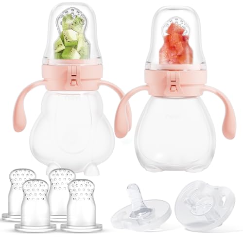 NCVI Baby Fruit Food Feeder, Silicone Fruit Pacifier Feeder, Set of 2, Mesh Feeder with Extra 6 Pacifiers, Teething Relief Toy, Baby Self Feeding for Fresh Food, Fruit & Vegetable, BPA-Free, Pink