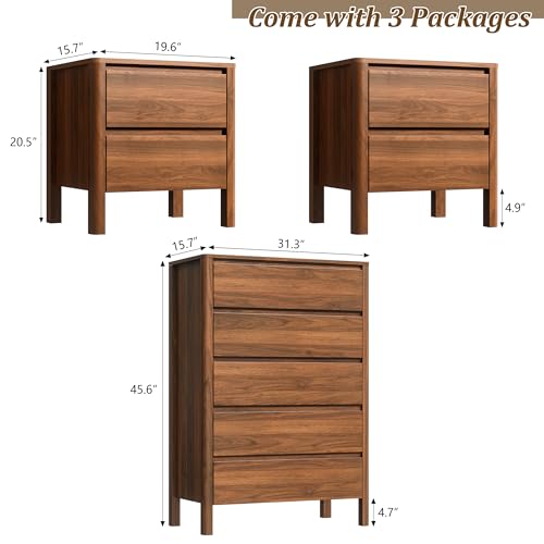 Image of Furniway Walnut Mid-Century Modern 3 Piece Bedroom Furniture Set, 5 Drawer Dresser with Handleless Wood Grain Design and Nightstands Set of 2, Minimalist Storage Dresser for Bedroom