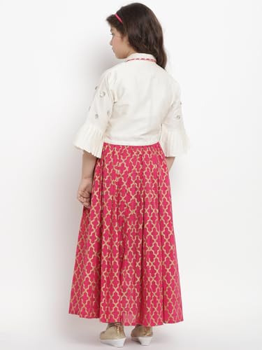 Image of Bitiya by Bhama Girls Off White & Pink Ready to Wear Silk Lehenga & Choli