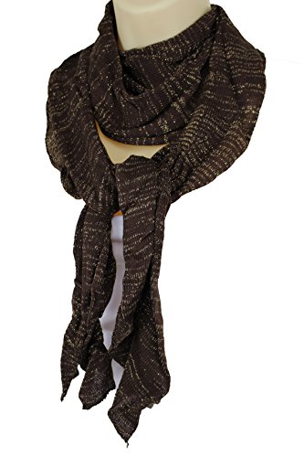 TFJ Women Brown Long Scarf Soft Fabric Gold Sparkling Wave Ruffle Wrap2