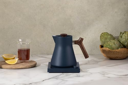 Image of Fellow Corvo EKG Electric Tea Kettle - Electric Pour Over Coffee and Tea Pot-Quick Heating Electric Kettles-Temperature Control & Built-In Brew Timer-Stone Blue with Walnut Handle-0.9 Liter