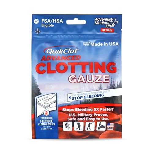 Adventure Medical Kits QuikClot Advanced Clotting Gauze - Stops Bleeding up to 5X Faster Than Standard Gauze - Kaolin Hemostatic Dressing - for First Aid Kits & Survival Gear - 3 x 24 (2 Strips)