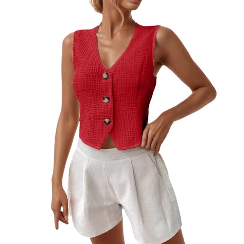 Caxndycing Chaleco de verano para mujer, sin mangas, cuello de solapa, un solo pecho, elegante, con botones, chaleco con bolsillos, chaleco informal para oficina, chaquetas de negocios, rojo, S