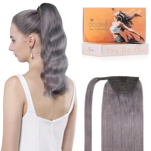 Ponytail Hair Extensions Clip in Human Hair Extensions DOORES Smoky Grey 22 Inch 90g Extensions Human Hair Natural Real Human Hair Extensions Silky Long Straight Wrap Around Invisible Hairpiece