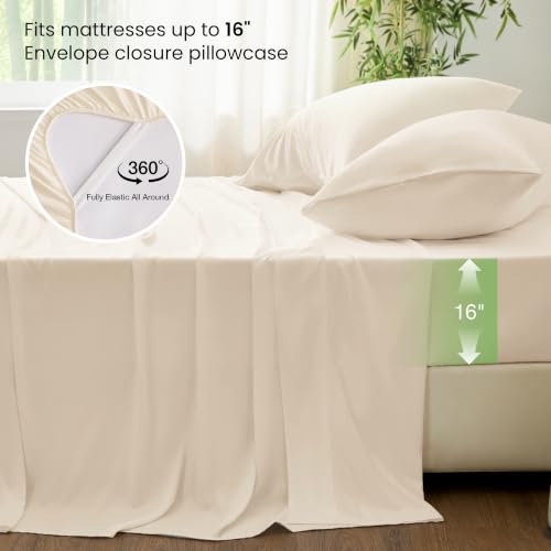 Image of Love's cabin 4 Piece Queen Sheet Set, 100% Rayon Derived from Bamboo, Cooling & Breathable, Soft Silky Deep Pocket up to 16 inch, Hotel Luxury Bedding for Hot Sleepers, Beige