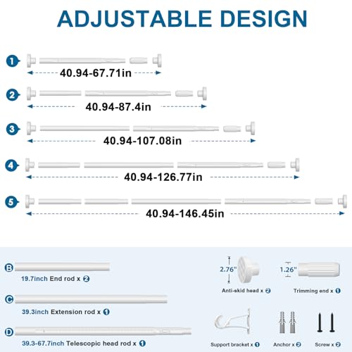 Image of AIZESI 41-144 Inch Heavy Duty White Tension Curtain Rod - No Drilling, Adjustable, Rust-Resistant for Outdoor, Living Room, Window, Bathroom
