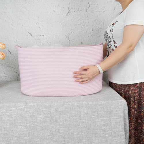 XUANGUO Large Rectangle Blankets Basket- 22\"x17\"x12\" Toy Basket for Kids - Woven Cotton Rope Storage Basket for Nursery - Wicker Laundry Basket for Clothes Towels - Ideal for Living Room Storage pink - Thumbnail 3