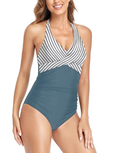FLYILY Damen Badeanzug Bauchkontrolle Geraffter Badeanzug Neckholder V-Ausschnitt Gepolsterter Einteiler