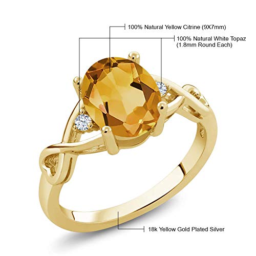 Gem Stone King 18K Yellow Gold Plated Silver Yellow Citrine And White Topaz Engagement Ring For Women (1.55 Cttw Oval 9X7Mm, Gemstone Birthstone, Available In Size 5, 6, 7, 8, 9) #TOP4