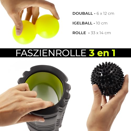 Foto von KALAHARI Faszienrolle Set, 3 Stück und E-Book Übungen auf Deutsch - Foam Roller, Duoball, Igelball zur Selbstmassage und Faszientraining, Fitness Rolle Rücken, Wirbelsäule, Oberschenkel, Beine, Nacken
