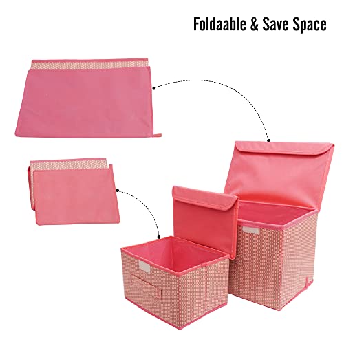 Image of STORE MORE Non Woven Big and Small Storage Box Wardrobe Closet Organizer Foldable Stackable Rectangular Basket /Bins with Lid & Handle (Pink, Set of 2)