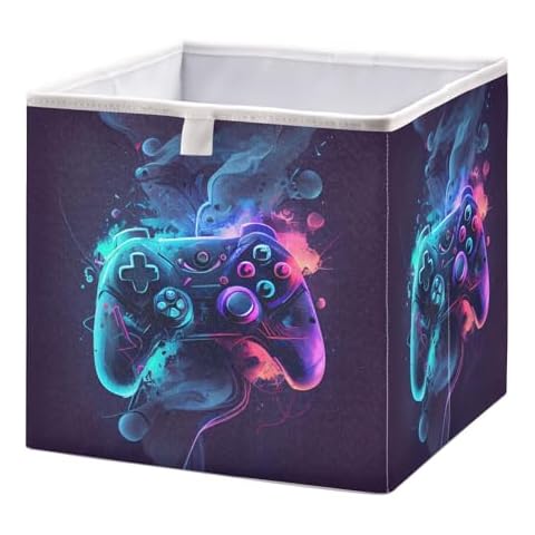 TecEr Gaming Controller Gamepad Joystick Foldable Fabric Cloth Strong Sturdy Storage Cube Basket Bins Organizer with Handles, For Home Shelf Closet And Toys Storage 11x11x11in Cover