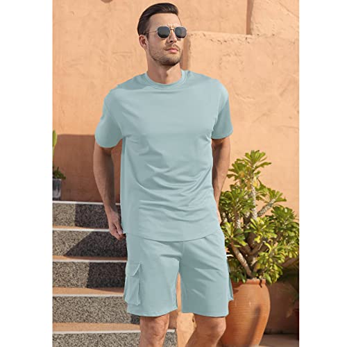 Aulemen Men's 2 Pieces Shirt Set Tracksuit Casual Short Sleeve Sweatsuits Summer Sport Outfits For Men With Cargo Pocket Green L #TOP3