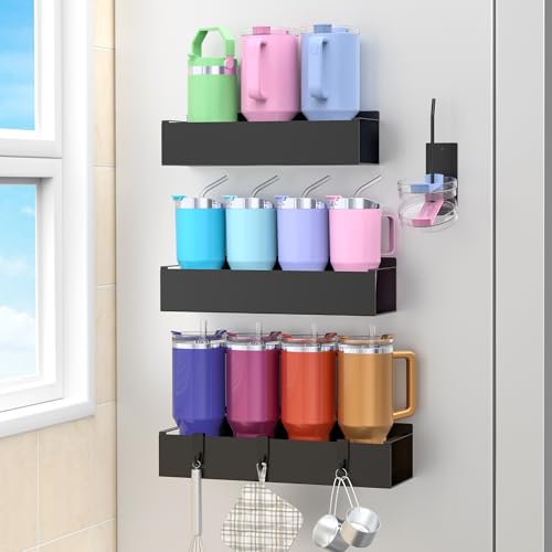 Image of HuggieGems Metal Magnetic Water Bottle Holder for Refrigerator, Cup Holder Organizer for Stanley and Tumbler for Kitchen, 3 Pack, Jet Black