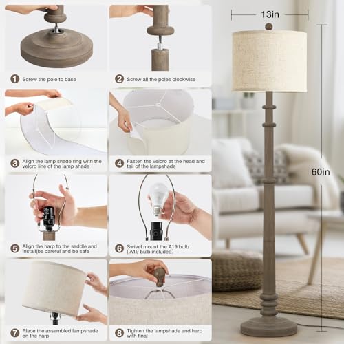 Image of EJIAXIN Floor Lamps for Living Room - 60 inch Farmhouse Floor Lamp with Adjustable Color Temperatures - Vintage Standing Lamp Reading Light with Linen Shade Retro Tall Lamp for Bedroom Office, Grey