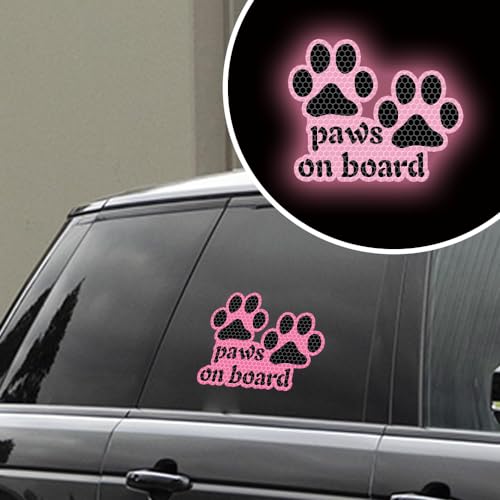 Image of 2pcs Reflective Paw Print Decal Dog Paws on Board Car Window Sticker Safety Warning Sign Stickers Funny Reflective Vinyl Stickers for Car Motorcycles Laptop (Pink)