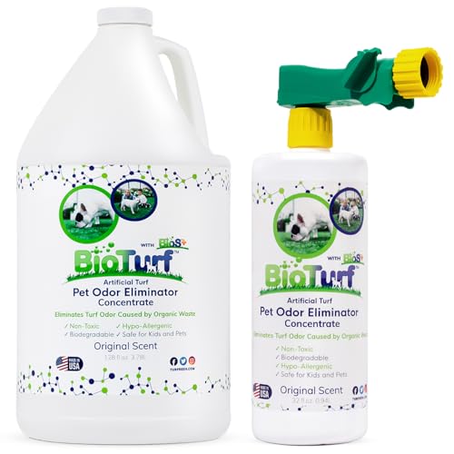 BioTurf BioS+ Kit Turf Cleaner for Pet Urine Outdoor Artificial Turf Cleaner Concentrate Yard Deodorizer for Dog Urine & Feces Enzyme Kennel Odor Eliminator 1 Gallon 32oz with Hose Attachment