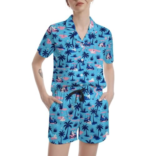 Image of Funny Pajamas for Women Set Print Satin Loungewear Pjs Short Sleeve Button Down Top and Shorts Sets Sleepwear XS-3XL