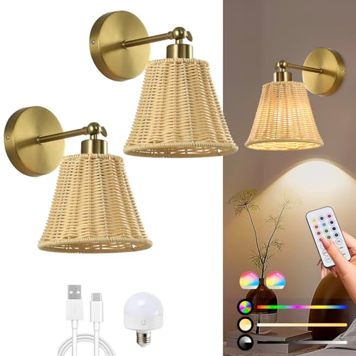 Image of Battery Operated Wall Sconce Set of Two, Rechargeable Wall Sconces with Remote RGB 15 Colors Dimmable, Farmhouse Boho Wall Lights for Bedroom Living Room Entryway