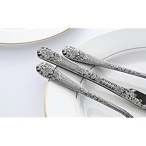 Floral Damask Rose Black Cutlery Set - 20 pcs - Includes 8 x Spoons, 8 x Forks, 4 x Knife - Stainless Steel, Dishwasher Safe, Mirror Polished Tableware - Durable Flatware - Home Kitchen Floral Damask Rose Black Cutlery Set 20 pcs Includes 8 x Spoons 8 x Forks 4 x Knife Stainless Steel Dishwasher Safe Mirror Polished Tableware Durable Flatware Home Kitchen