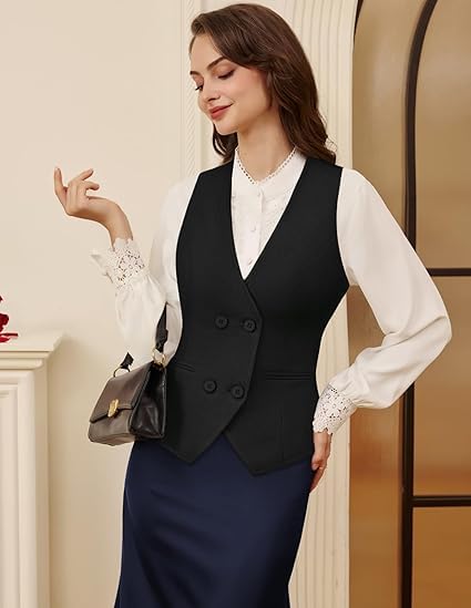 Belle Poque Weste Damen Ärmellos tief V-Ausschnitt Taschentuch Saum Arbeit Anzug Westen mit Taschen Schwarz L