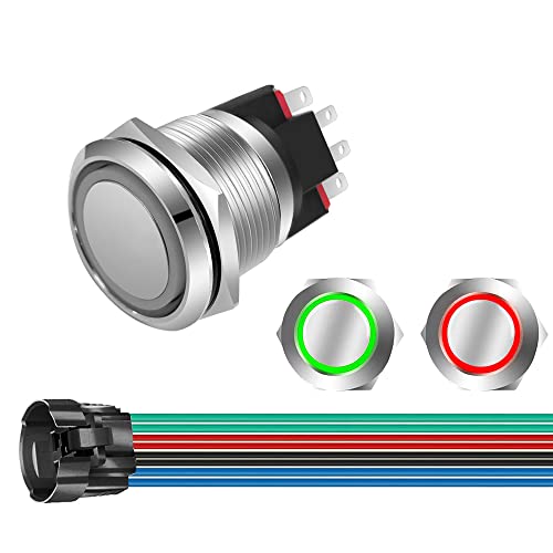 GUUZI 12V 24V/10A Pulsador Momentáneo NO/NC Impermeable Luz LED Verde/Roja Iluminada Pulsador de Arranque de metal de 22mm con Cable de Enchufe