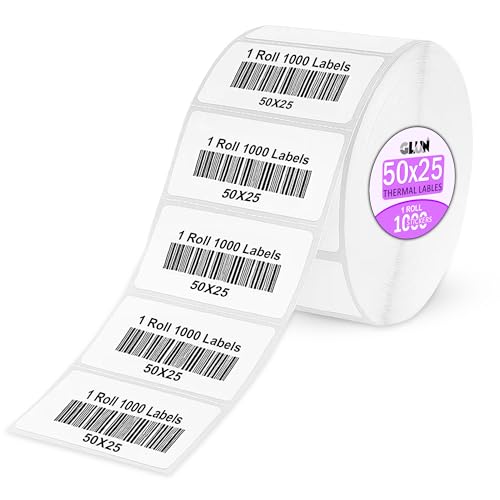 Image of GLUN Direct Thermal Printing Labels 50x25mm, 1000 Stickers per Roll, Premium White Self-Adhesive Tags for Barcode, MRP & Retail Use