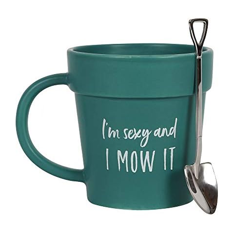 RAJX I’m Sexy and I Mow it Coffee Mug, Unique Design Pot Mug and Shovel Spoon, Coffee Cups, Gift for Birthdays, Anniversary , Christmas & Valentine’s Day Gifts Cover
