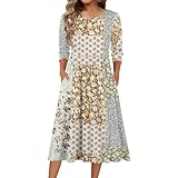 Vestido Mujer Primavera-Verano 2026 Manga 3/4 Escote Redondo Flores Retro con Cinturón Ajustable para Playa, Fiesta o Invitada Boda - Elegante y Cómodo(1-Beige,XL)