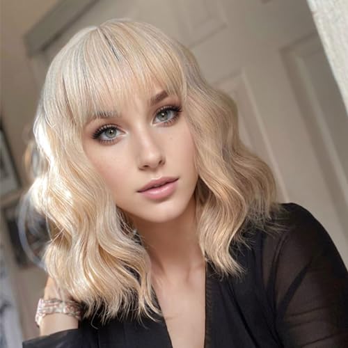VCKOVCKO Natural Wavy Short Bob Wigs With Air Bangs Women's Shoulder Length Wigs Curly Wavy Synthetic Cosplay Wig Pastel Bob Wig for Girl Colorful Wigs(12", Mix Blonde) - Image 3