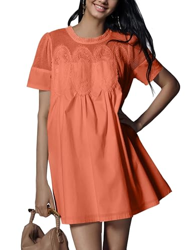 Image of Womens Summer Lace Mini Babydoll Dress Ruffled Collar Short Sleeve Loose Mesh Swing Elegant Flared Sundress