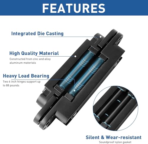 TamBee Hidden Door Hinges Invisible Hinges Concealed Hinges Zinc Alloy 180 Degree Swing Hinge 3 Way Adjustable Butt Hinge 6 x 2.5 x 1 inch Black (2 PCs, Black)