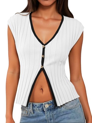 Cicy Bell Womens Cute Going Out Tops Ribbed Button Up Tank Tops Cap Sleeve Sweater Vest Summer Sexy Outfits