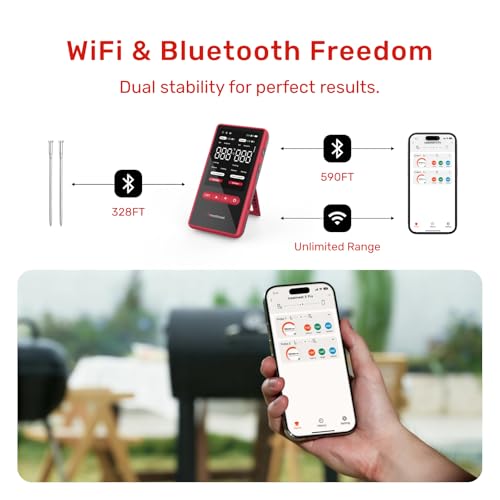 Image of Wireless Bluetooth Meat Thermometer Digital, Standalone Base, WiFi Unlimited Range, AI guided cooking, 6 Sensors with ± 0.18F Accuracy, 2 Probes for Kitchen, BBQ, Grill, Oven, Smoker (X Pro)