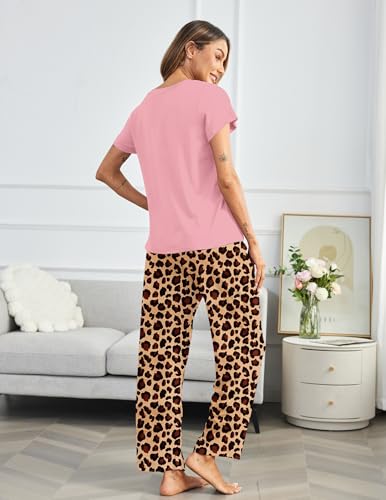 Image of Ekouaer Pajama Sets for Women Round Neck Pjs Short Sleeve Sleepwear with Long Pants Loose Lounge Sets