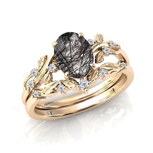 Natural Oval Black Rutilated Quartz Engagement Ring Set 925 Sterling Silver Rings for Her with Free Engraving Jewelry Gift for Women Black Rutilated Quartz Vintage Ring Set Size 4-12 -13