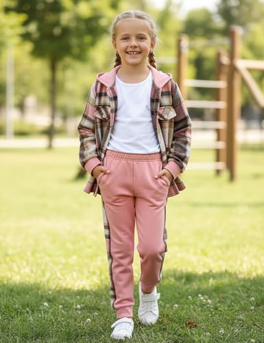 Girls Clothes Fall Outfits Classic Flannel Plaid Soft Cozy Hoodies for Girls Sweatshirt Sweatpant 2pcs Sets 7-14Y4