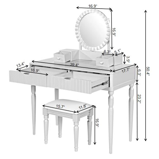 Image of JIVOIT Vanity Desk with Round Mirror, Height-Adjustable, Luxury Vanity Set with Stool, Comfortable Seating, Stylish Dressing Table Set with 4 Drawers & Spacious Tabletop (Silver /268)
