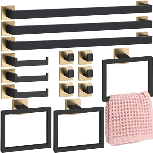 Gisafai 15 Pcs Black Gold Bathroom Hardware Accessories Set 23.6