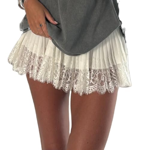 Image of Women Y2k Lace Mini Skirt Ruffle Layered Flowy Half Slip Skirts Underskirt | Y2K Low Rise Floral Lace Trim Slip Skirt Dress Extender Frilly Pleated Tiered Satin Short Skirt Sheer Underneath Under Dress