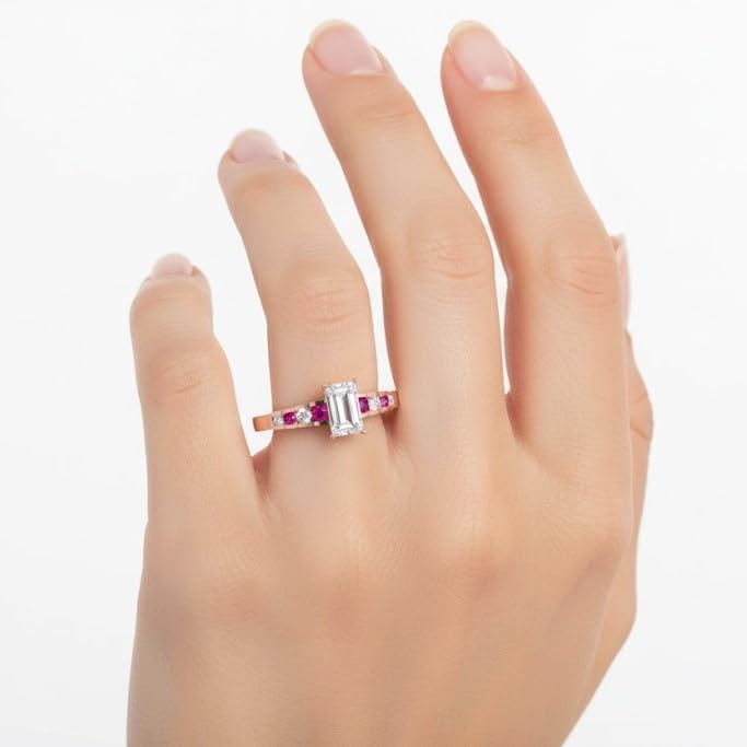 Image of 55Carat Choose Your Gemstone Diamond CZ Graduated Accent Ring Rose Gold Plated Emerald Shape Petite Engagement Rings Everyday Jewelry Wedding Jewelry Handmade Gifts for Wife US Size 4 to 12