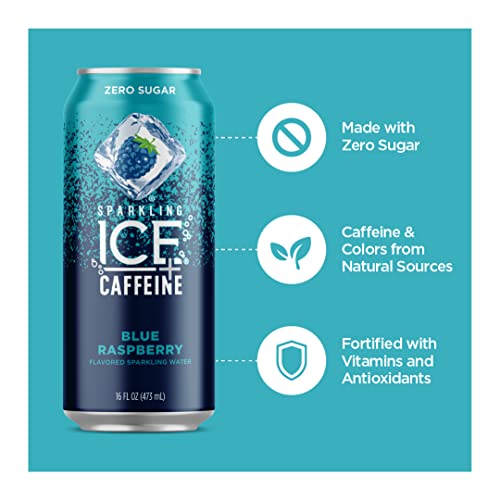 Sparkling Ice +Caffeine Blue Raspberry, Naturally Flavored Sparkling Water With Antioxidants & Vitamins, Zero Sugar, 16Oz Can #TOP1